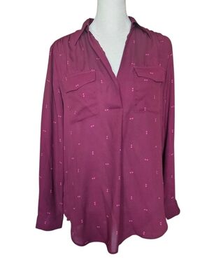 Ann Taylor Camp Shirt Burgundy Collared Blouse Pink Diamond Relaxed Fit